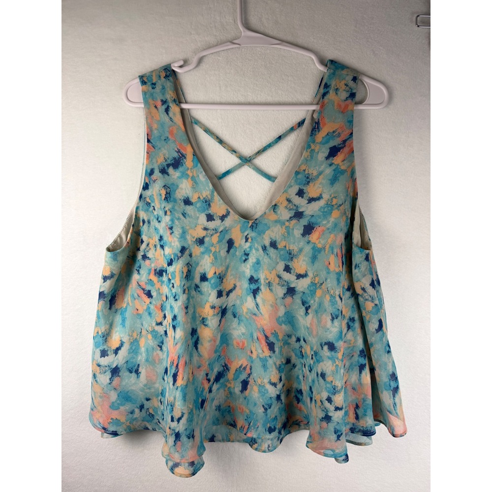 Decree Womens XL Blue Peach Watercolor Abstract Crisscross Back Tank Top V-Neck